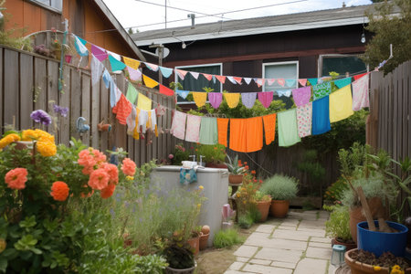 creative use of clothesline to add color and whimsy to outdoor space, created with generative aiの素材