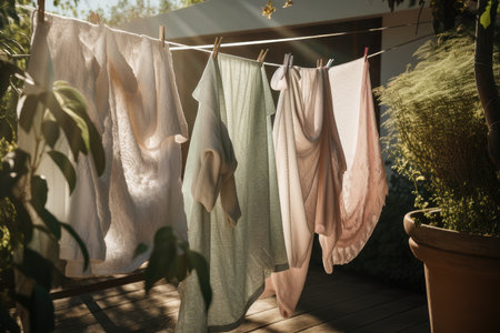 a clothesline with freshly-washed and dried towels hanging in the sun, created with generative aiの素材