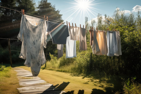 a clothesline with freshly-washed and dried towels hanging in the sun, created with generative aiの素材