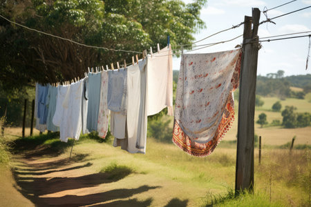 clothesline with freshly laundered towels, ready for use, created with generative aiの素材