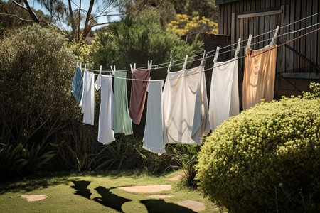 clothesline with freshly laundered towels, ready for use, created with generative aiの素材