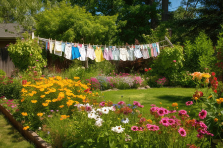 a clothesline surrounded by blooming flowers, in a garden setting, created with generative aiの素材