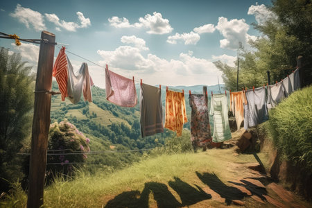 freshly washed clothes hanging on a clothesline, with the view of the surrounding natural landscape, created with generative aiの素材