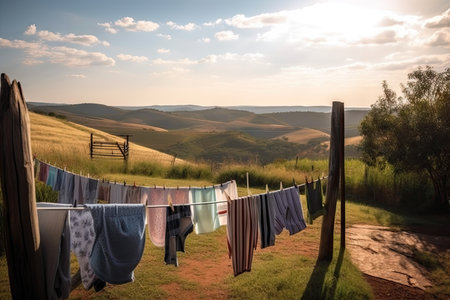 clothesline with laundry hanging and the view of beautiful landscape, created with generative aiの素材