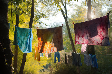 clothesline suspended between two trees, with colorful wash hanging, created with generative aiの素材