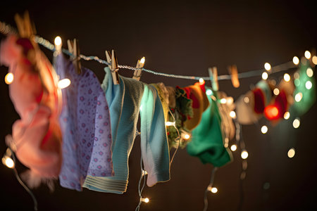 holiday garland hanging from clotheslines with colored lights, created with generative aiの素材