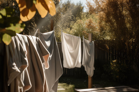 clothesline with a mix of towels, sheets, and blankets hanging in the sunshine, created with generative aiの素材