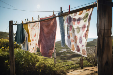 a clothesline with colorful towels and sheets hanging in the breeze, created with generative aiの素材