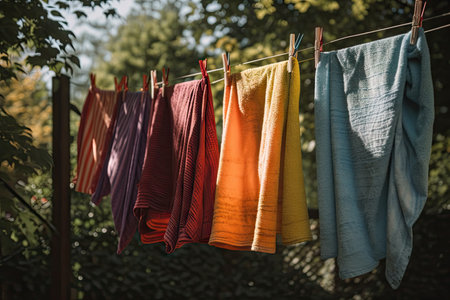a clothesline with colorful towels hanging next to each other, created with generative aiの素材