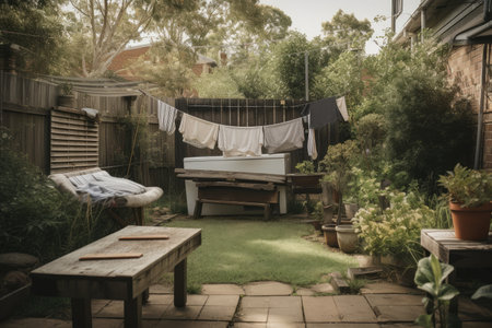 a backyard with a clothesline, deck and garden in the background, created with generative aiの素材
