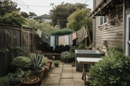 a backyard with a clothesline, deck and garden in the background, created with generative aiの素材