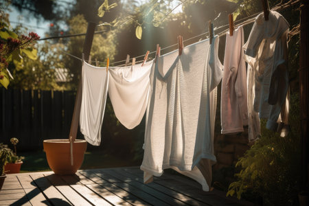 a clothesline with freshly washed sheets and towels hanging in the sun, created with generative aiの素材