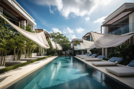 luxe resort, with clotheslines and drying towels hanging above private infinity pool, created with generative aiの素材