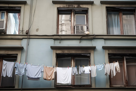 clothesline with laundry hanging out a window in the city, created with generative aiの素材