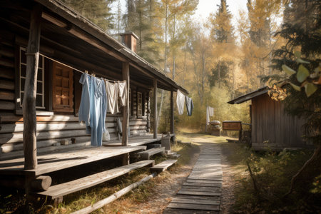 clothesline in front of rustic cabin, with view of the woods, created with generative aiの素材