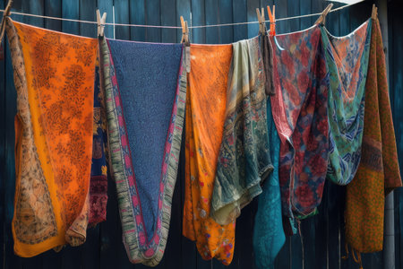 an eclectic mix of clothes hanging on a line, each with its own unique pattern and color, created with generative aiの素材