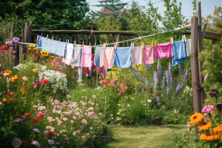 a clothesline in a garden, with colorful flowers in bloom, created with generative aiの素材