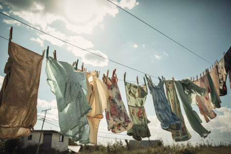 clothesline on a windy day, with clothes flying in the air, created with generative aiの素材