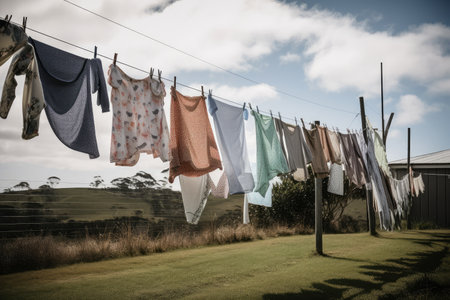 clothesline on a windy day, with clothes flying in the air, created with generative aiの素材