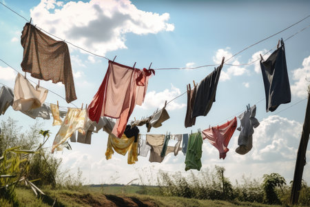 clothesline on a windy day, with clothes flying in the air, created with generative aiの素材