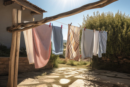 clothesline with freshly washed towels and linens drying in the sun, created with generative aiの素材