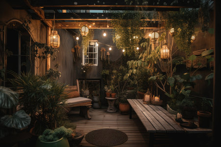 cozy outdoor patio with potted plants, lanterns, and string lights for a serene atmosphere, created with generative aiの素材