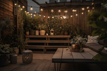 cozy outdoor patio with potted plants, lanterns, and string lights for a serene atmosphere, created with generative aiの素材
