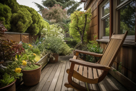 cozy outdoor patio with rocking chair and view of the garden, created with generative aiの素材