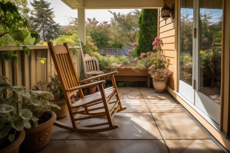 cozy outdoor patio with rocking chair and view of the garden, created with generative aiの素材