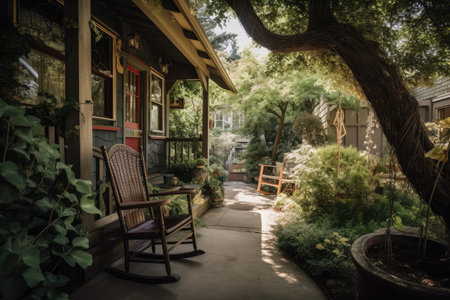 cozy outdoor patio with rocking chair and view of the garden, created with generative aiの素材