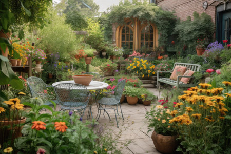 an outdoor patio surrounded by lush foliage and colorful blooms, created with generative aiの素材