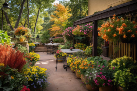 an outdoor patio surrounded by lush foliage and colorful blooms, created with generative aiの素材