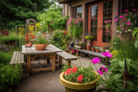 cozy outdoor patio with colorful garden, blooming flowers, and hummingbird feeder, created with generative aiの素材