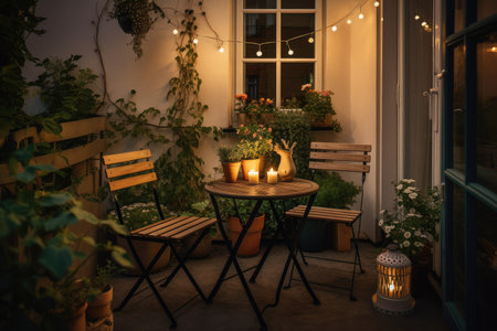 cozy outdoor patio with bistro table and chairs, lanterns, and potted plants, created with generative aiの素材