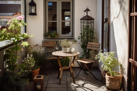 cozy outdoor patio with bistro table and chairs, lanterns, and potted plants, created with generative aiの素材
