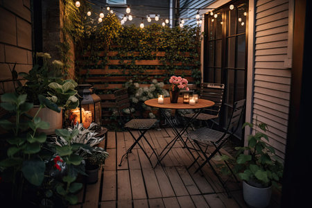 cozy outdoor patio with bistro table and chairs, lanterns, and potted plants, created with generative aiの素材