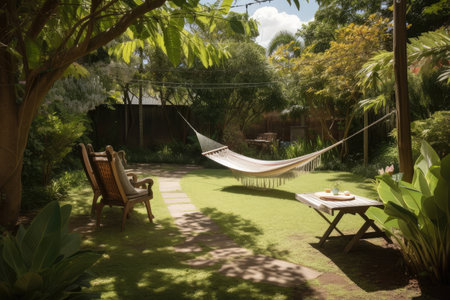 relaxing garden with hammock and patio table for afternoon reading, created with generative aiの素材