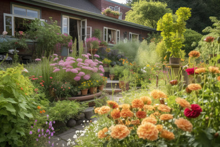 close-up of blooming garden, with view of cozy patio in the background, created with generative aiの素材