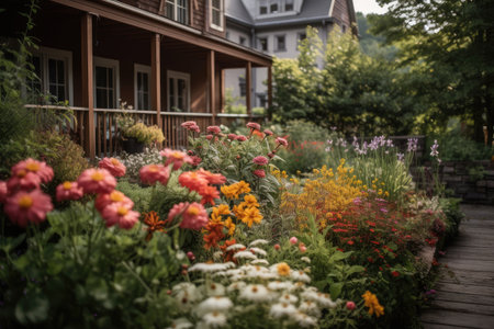 close-up of blooming garden, with view of cozy patio in the background, created with generative aiの素材