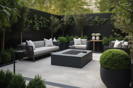 contemporary outdoor patio with sleek furniture, greenery and outdoor fireplace, created with generative aiの素材