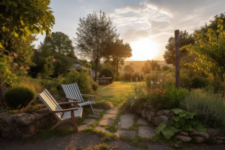 well-kept garden with relaxing rocking chair and view of the sunset, created with generative aiの素材