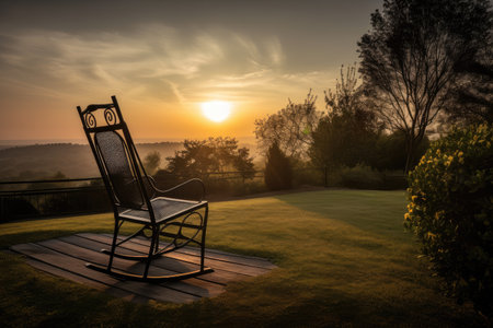 well-kept garden with relaxing rocking chair and view of the sunset, created with generative aiの素材