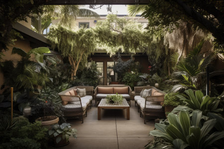 outdoor lounge area with plush seating and potted plants, surrounded by lush greenery, created with generative aiの素材