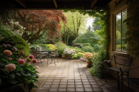 patio with view of tranquil garden, surrounded by blooming flowers and greenery, created with generative aiの素材