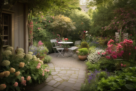 patio with view of tranquil garden, surrounded by blooming flowers and greenery, created with generative aiの素材