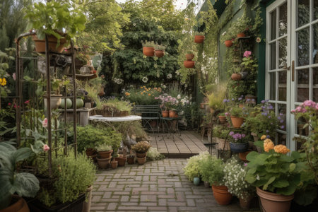 potted plants and hanging lanterns decorate serene patio garden, created with generative aiの素材