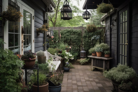 potted plants and hanging lanterns decorate serene patio garden, created with generative aiの素材