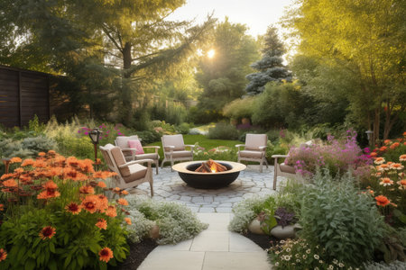 cozy outdoor patio with lounge chairs, fire pit, and blooming garden, created with generative aiの素材