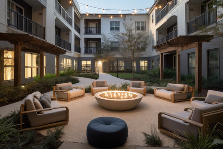 luxury outdoor patio with fire pit, plush lounge chairs, and private garden, created with generative aiの素材