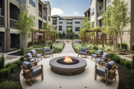 luxury outdoor patio with fire pit, plush lounge chairs, and private garden, created with generative aiの素材